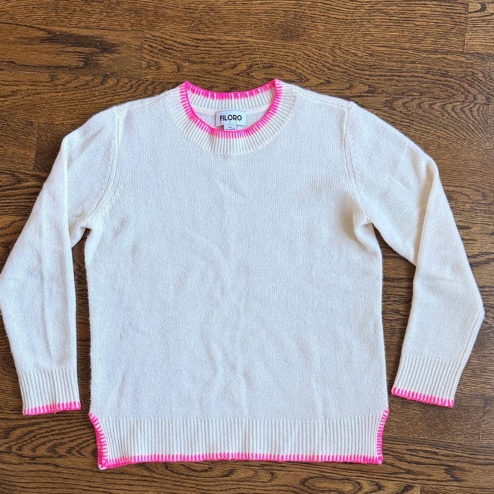 Ivory Two-ply Cashmere Crewneck Sweater with Hot Pink Trim